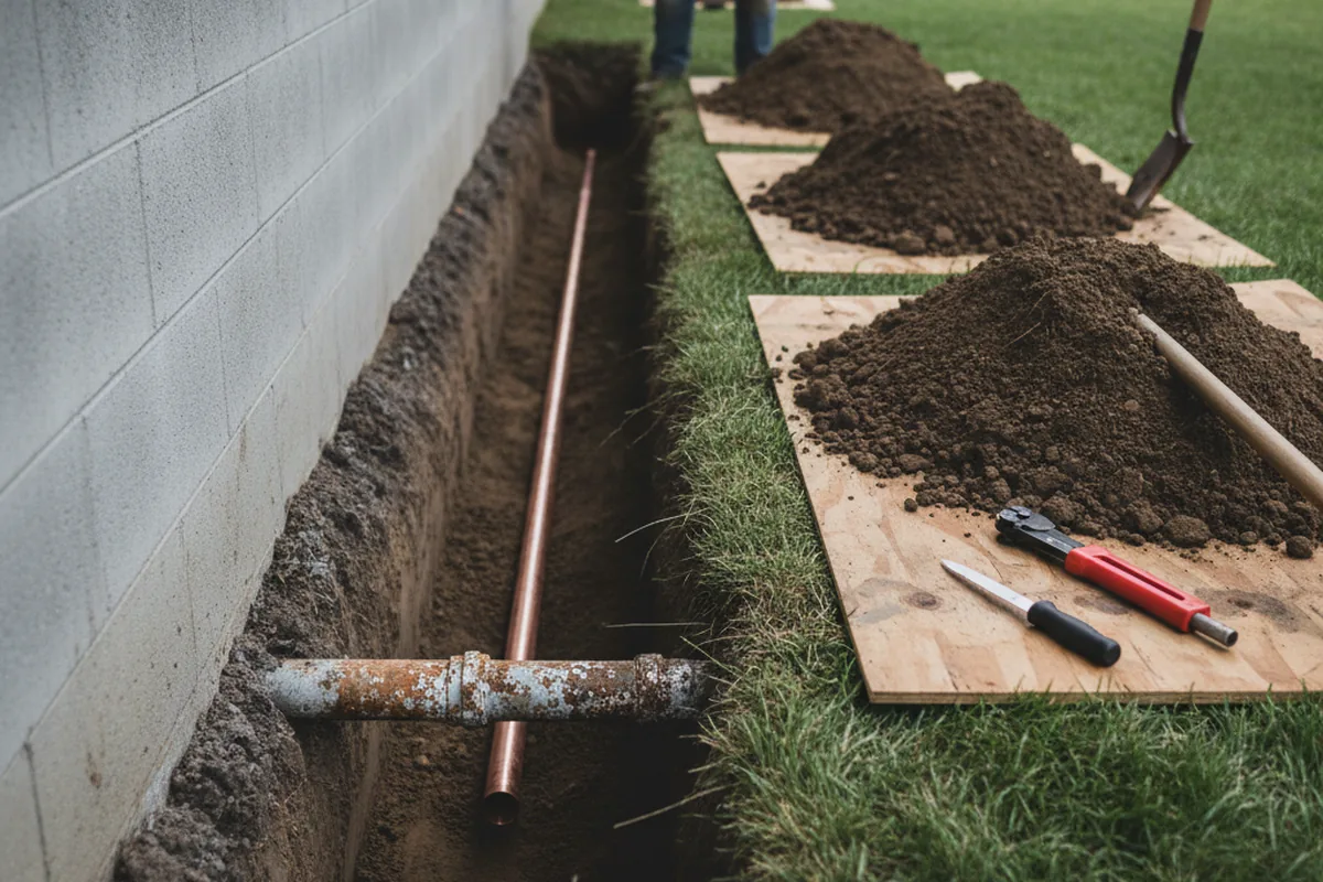 Excavated water line trench during Water Softener Installation in Wayne